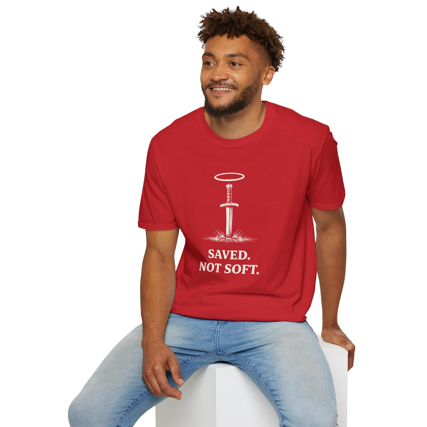 Saved Not Soft T‑Shirt — Christian Sword & Halo Faith Tee