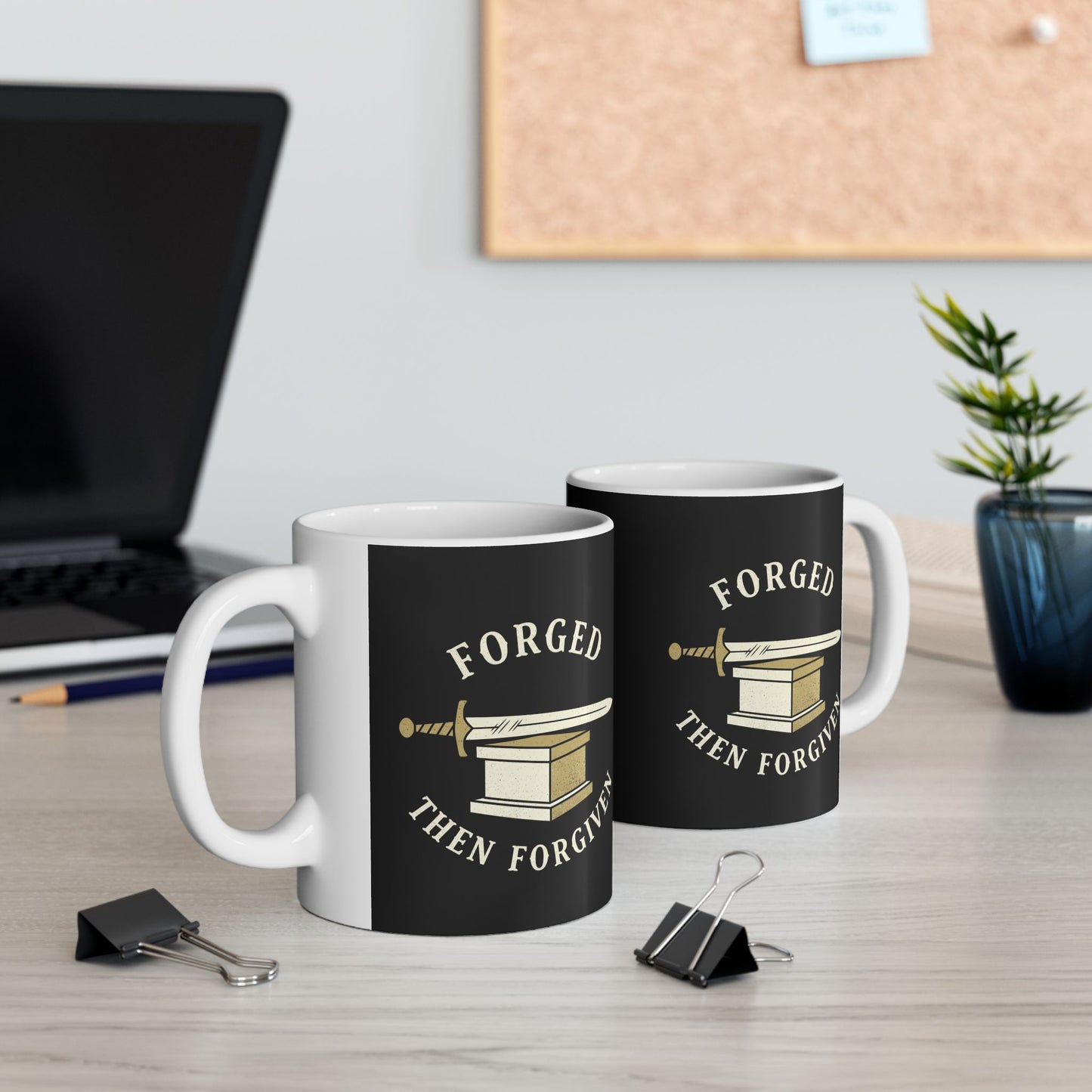 “Forged in Fire” Black Ceramic Mug — Sword & Anvil Coffee Cup (11oz/15oz)