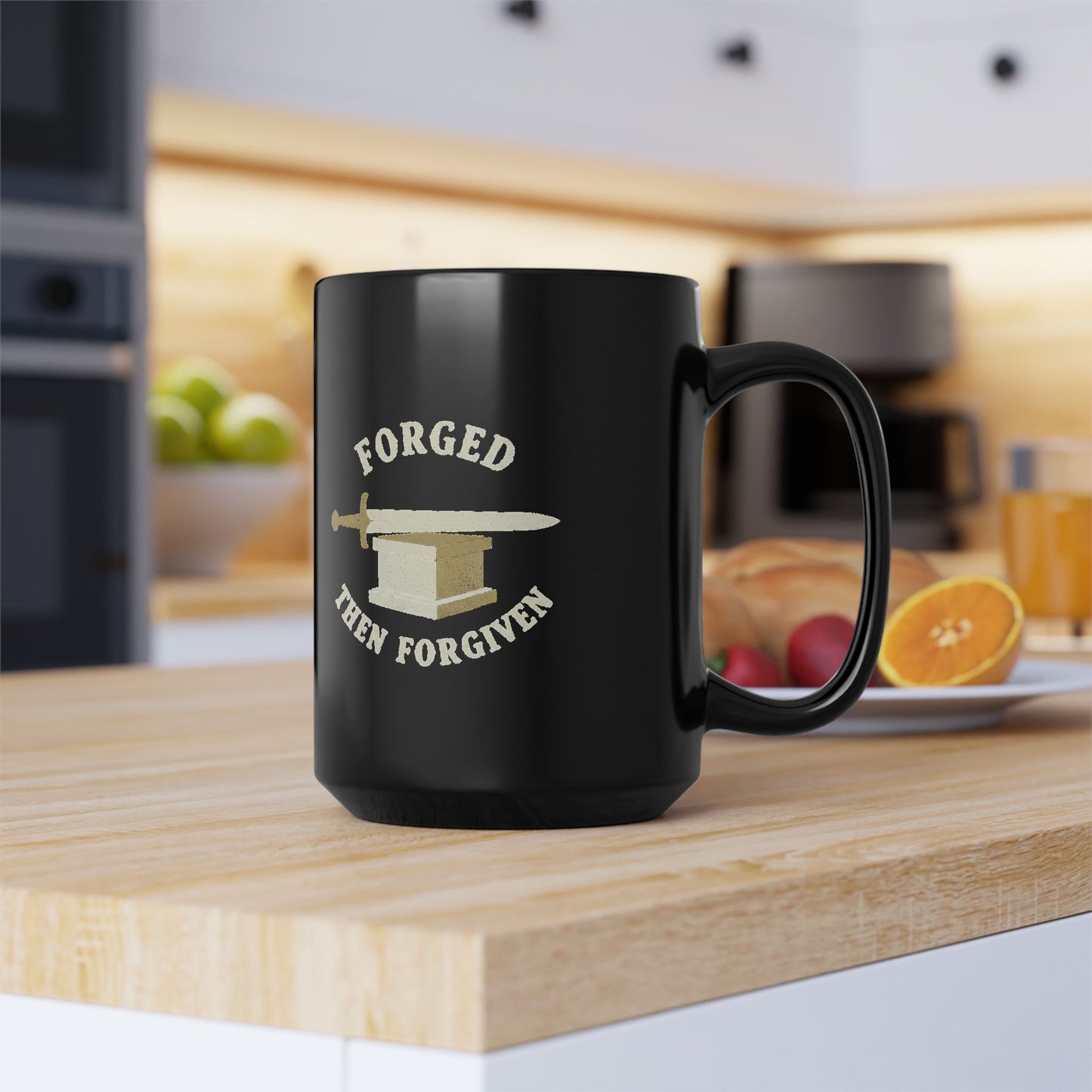 Forged Then Forgiven Black Mug – Sword & Anvil Coffee Cup (11oz/15oz)