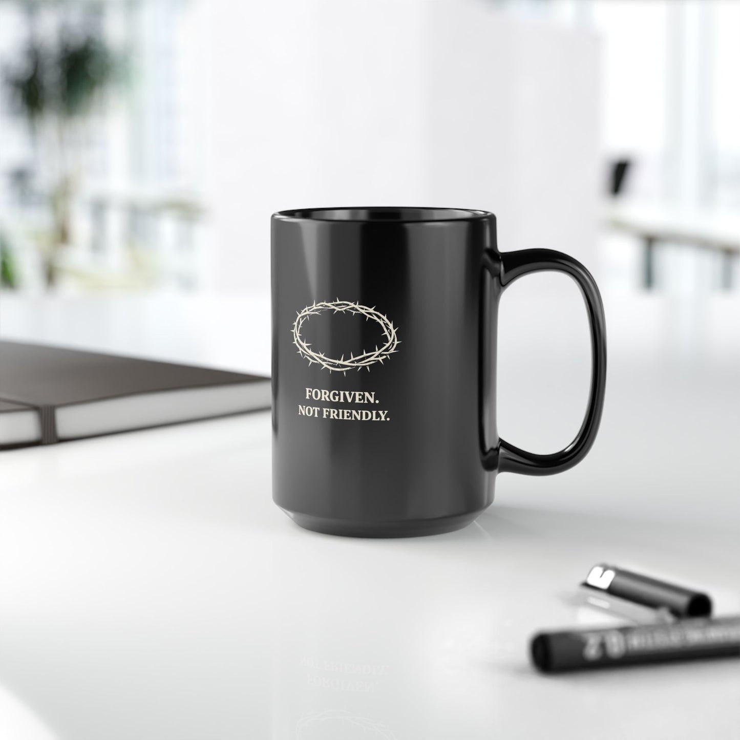 Forgiven Not Friendly Black Mug – Christian Coffee Cup with Crown of Thorns