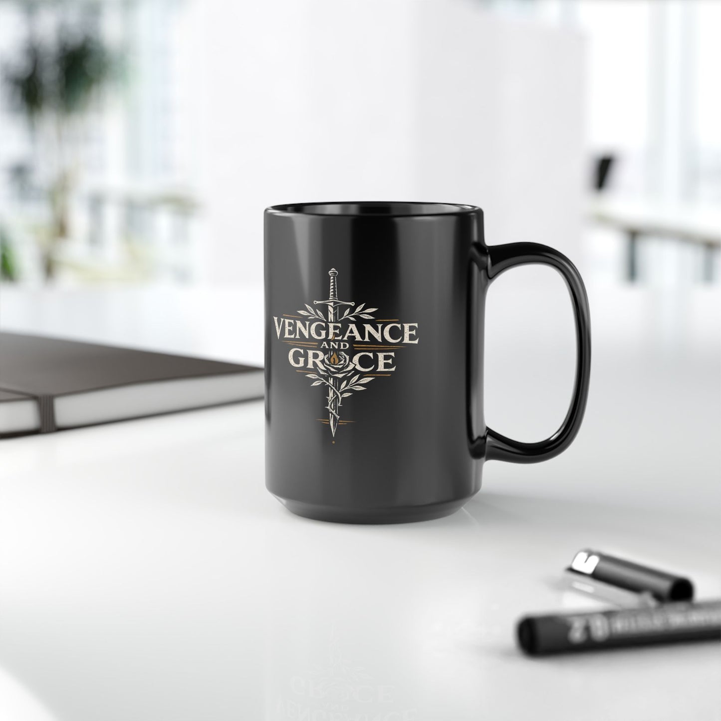 Vengeance and Grace Sword Black Mug — Gothic Fantasy Coffee Cup (11oz/15oz)