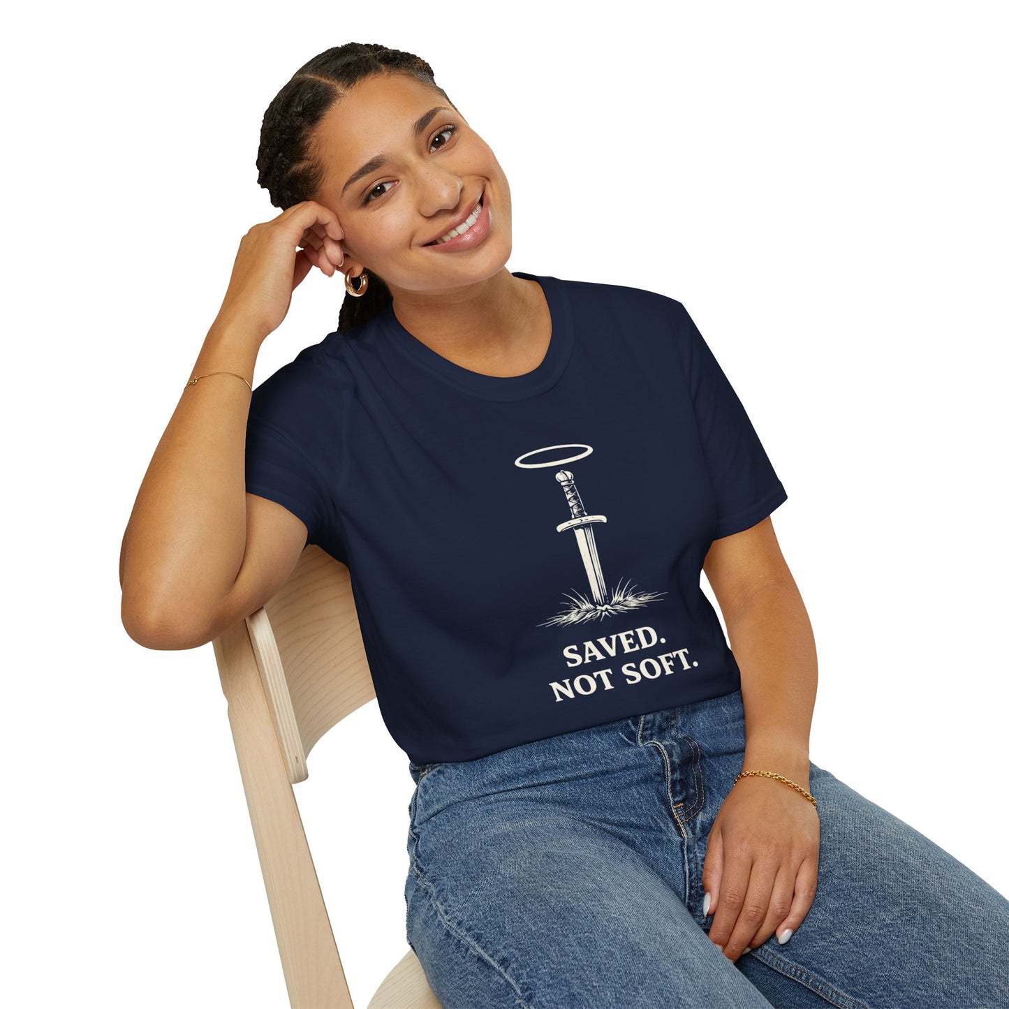 Saved Not Soft T‑Shirt — Christian Sword & Halo Faith Tee