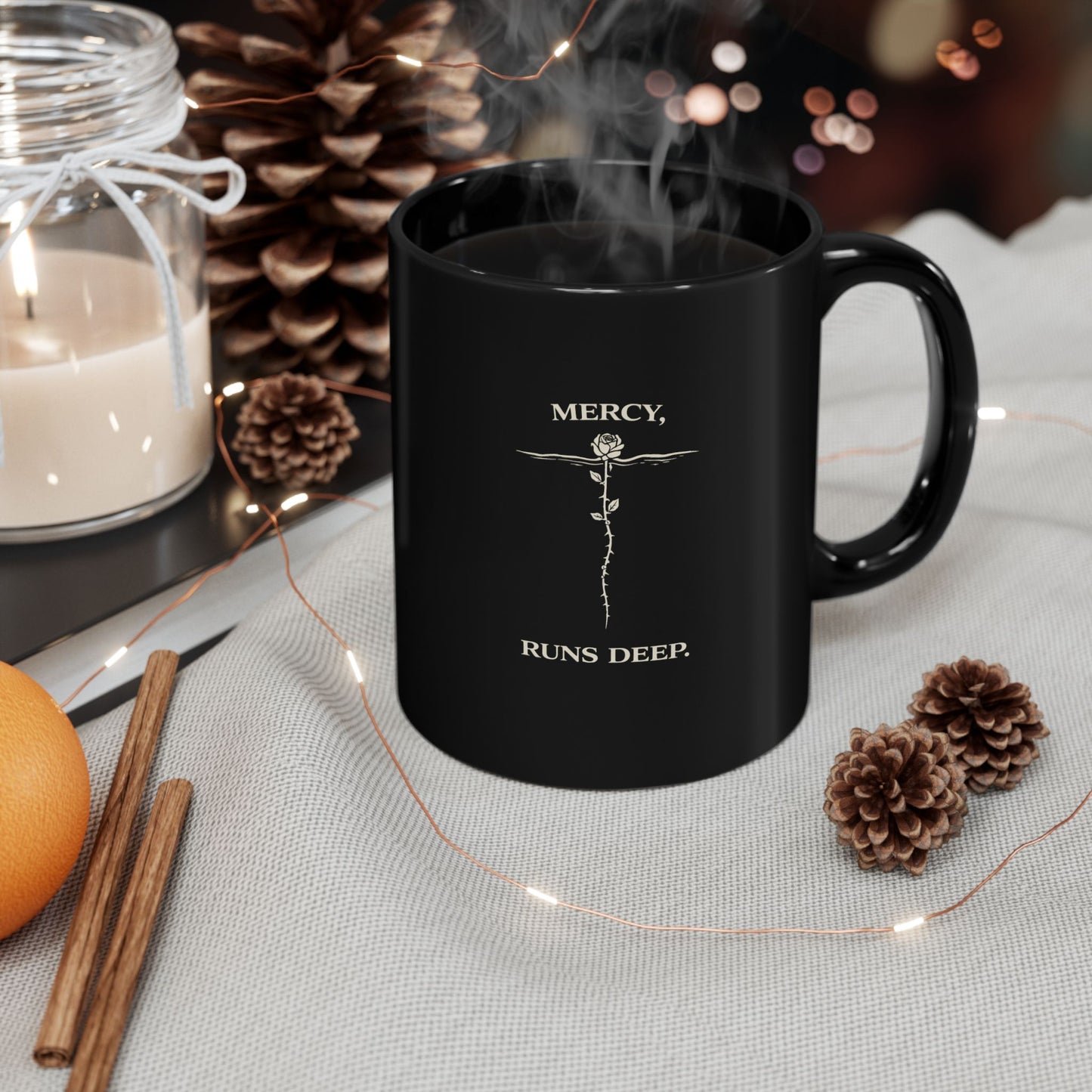 Mercy Runs Deep Black Mug — Gothic Skull Rose Coffee Cup (11oz & 15oz)