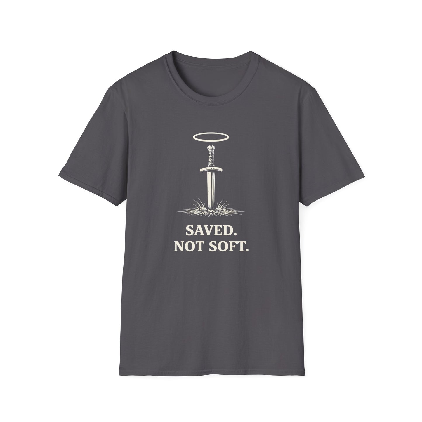 Saved Not Soft T‑Shirt — Christian Sword & Halo Faith Tee