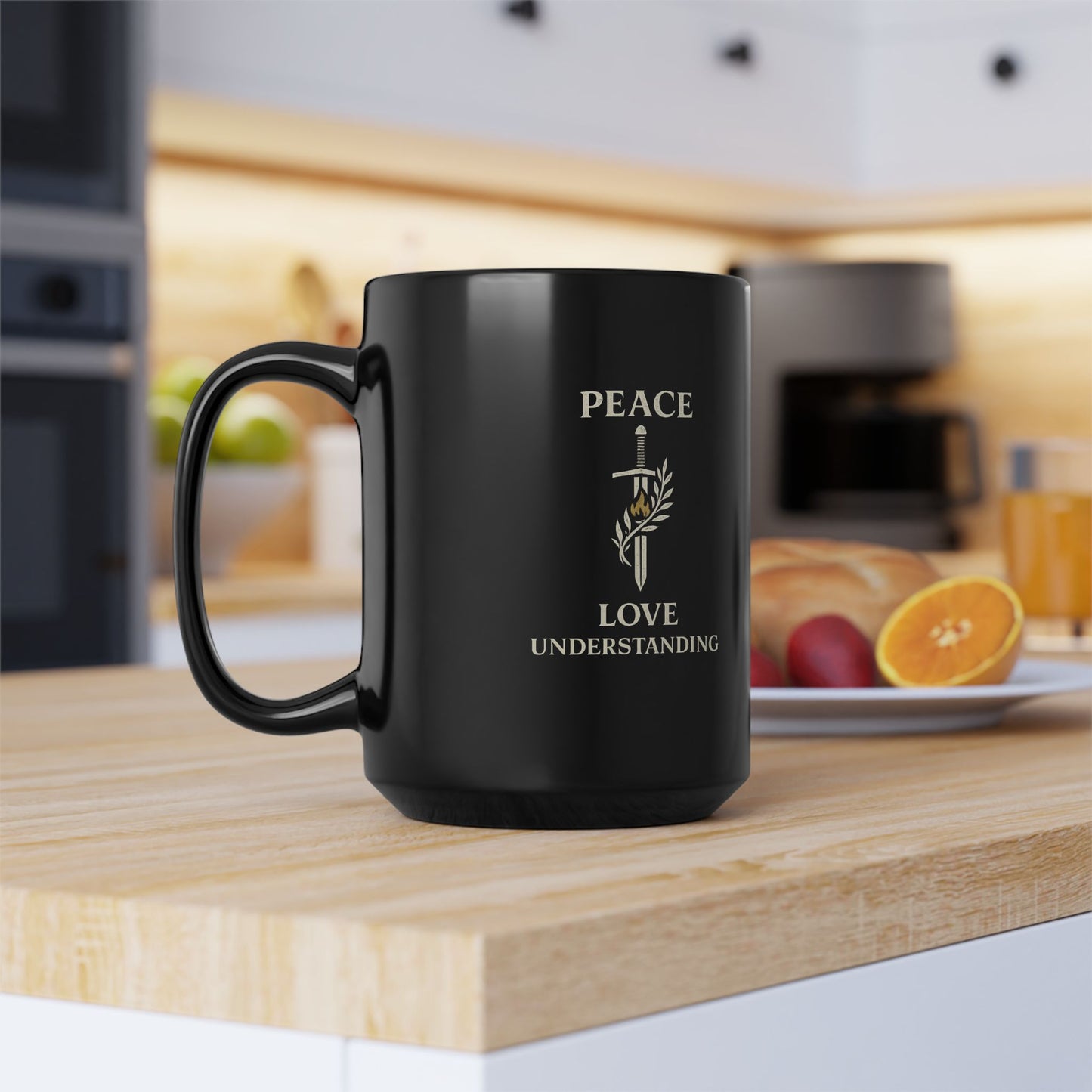Peace Sword Mug — "Peace, Love, Understanding" Black Ceramic Coffee Cup (11oz/15oz)