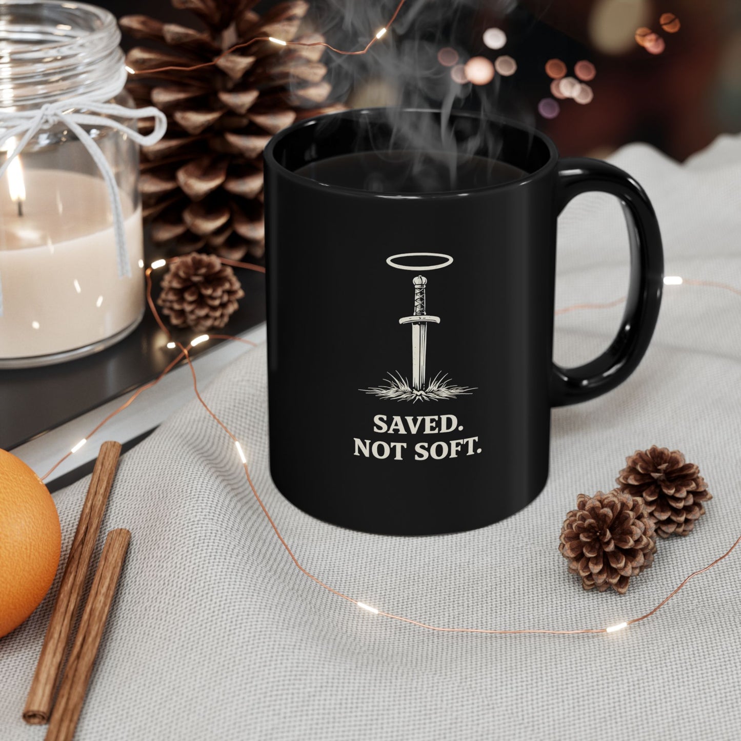 Saved Not Soft — Black Coffee Mug (11oz & 15oz)