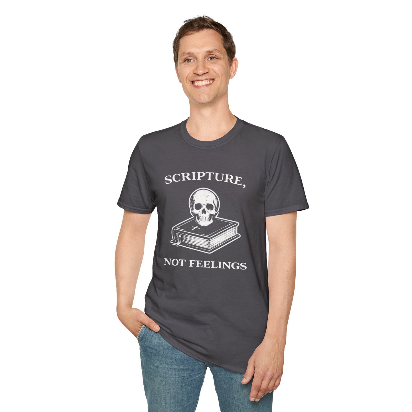 "Scripture, Not Feelings" Skull & Bible Graphic T-Shirt