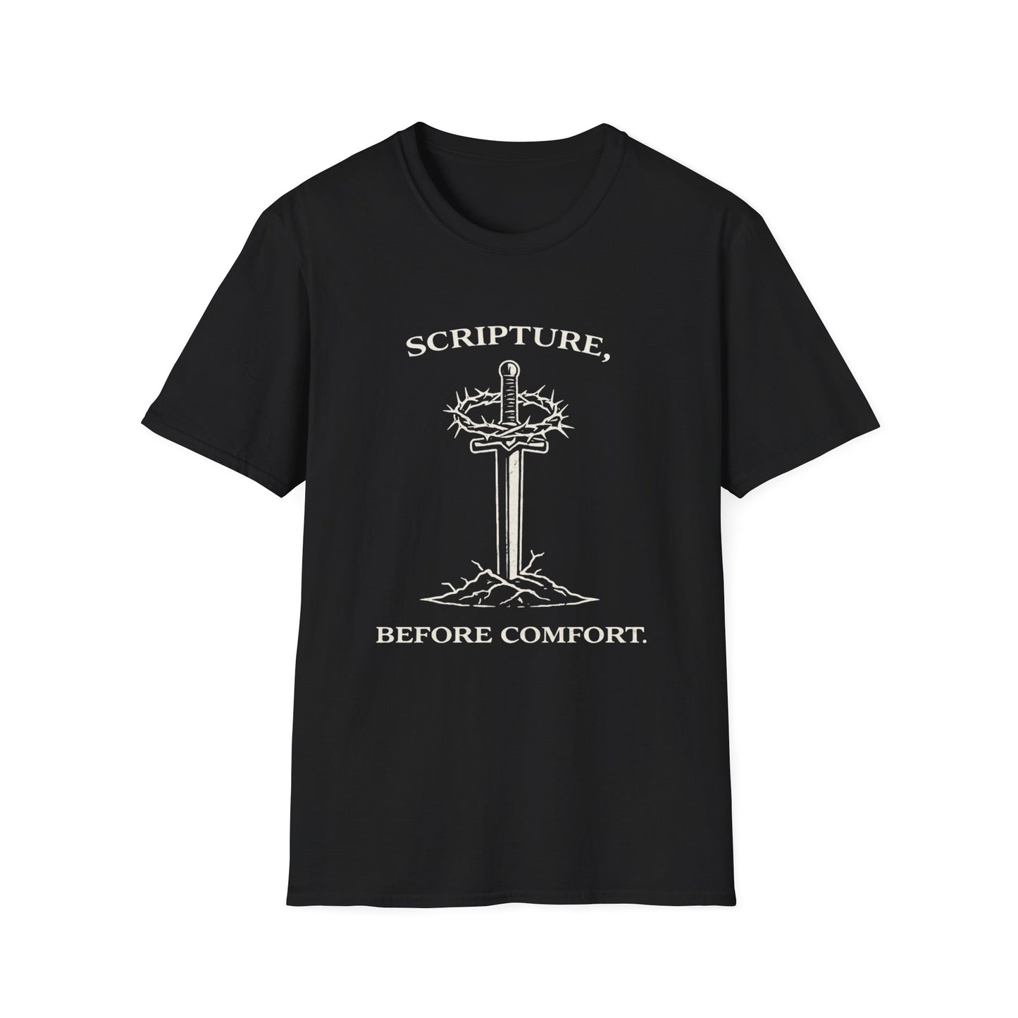 Scripture Before Comfort T-Shirt — Christian Faith Cross Tee