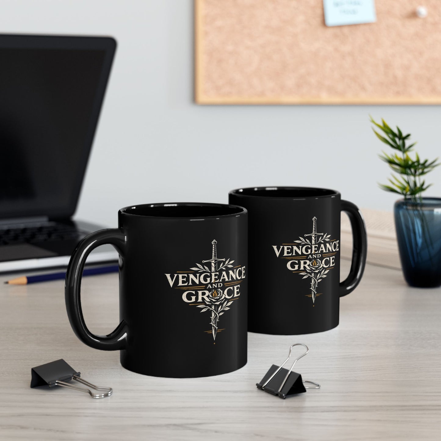 Vengeance and Grace Sword Black Mug — Gothic Fantasy Coffee Cup (11oz/15oz)