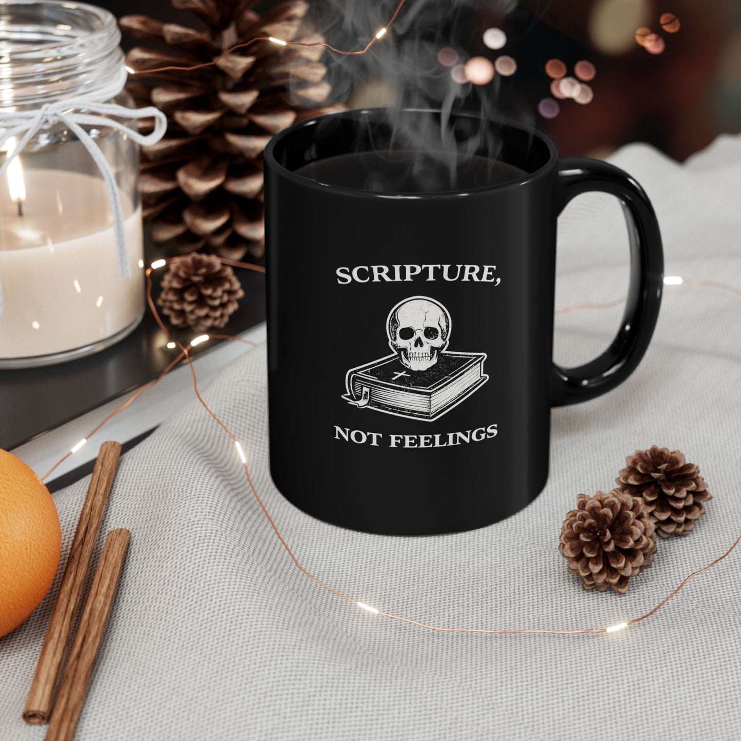 Scripture Not Feelings Black Mug — Christian Faith Skull Coffee Cup (11oz/15oz)