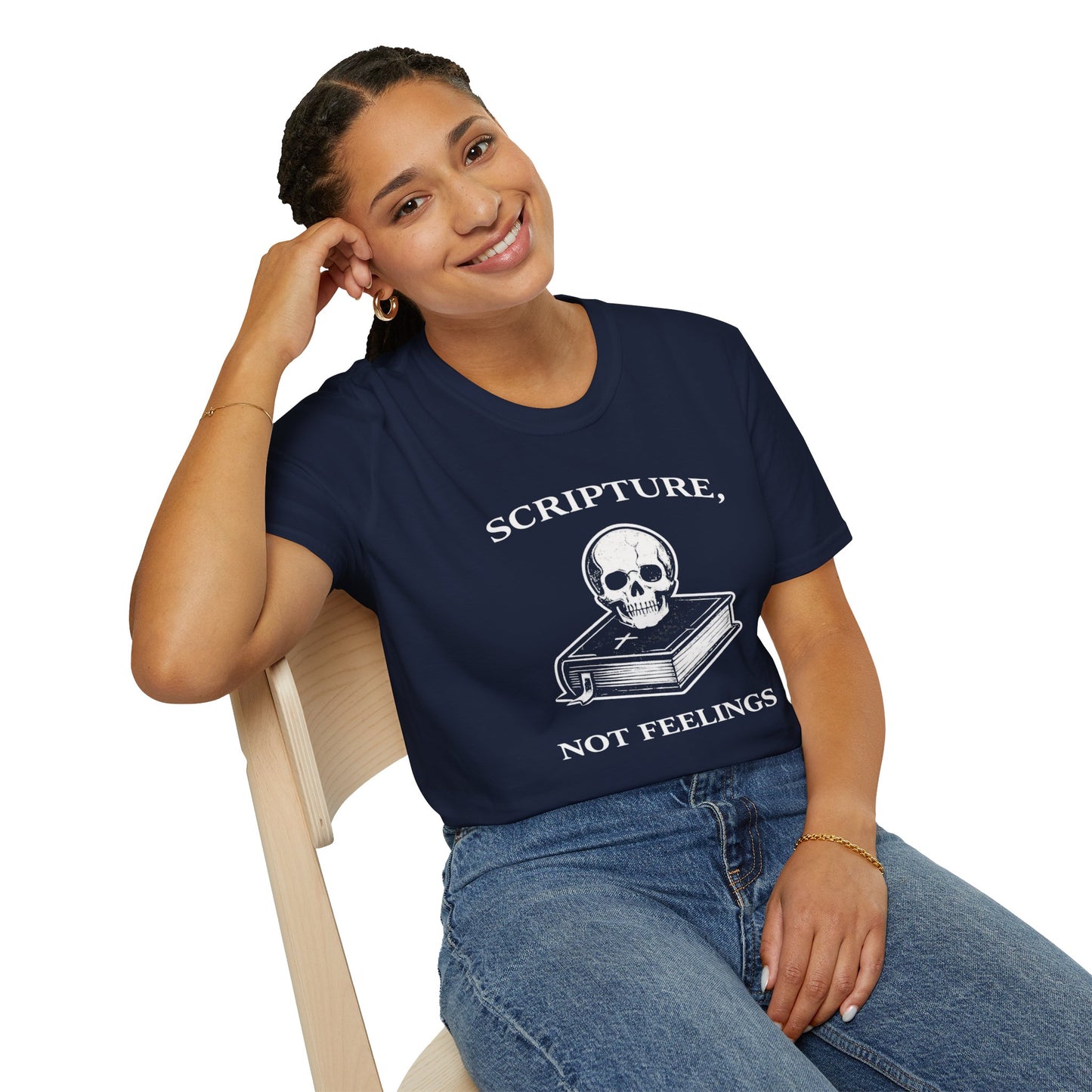 "Scripture, Not Feelings" Skull & Bible Graphic T-Shirt