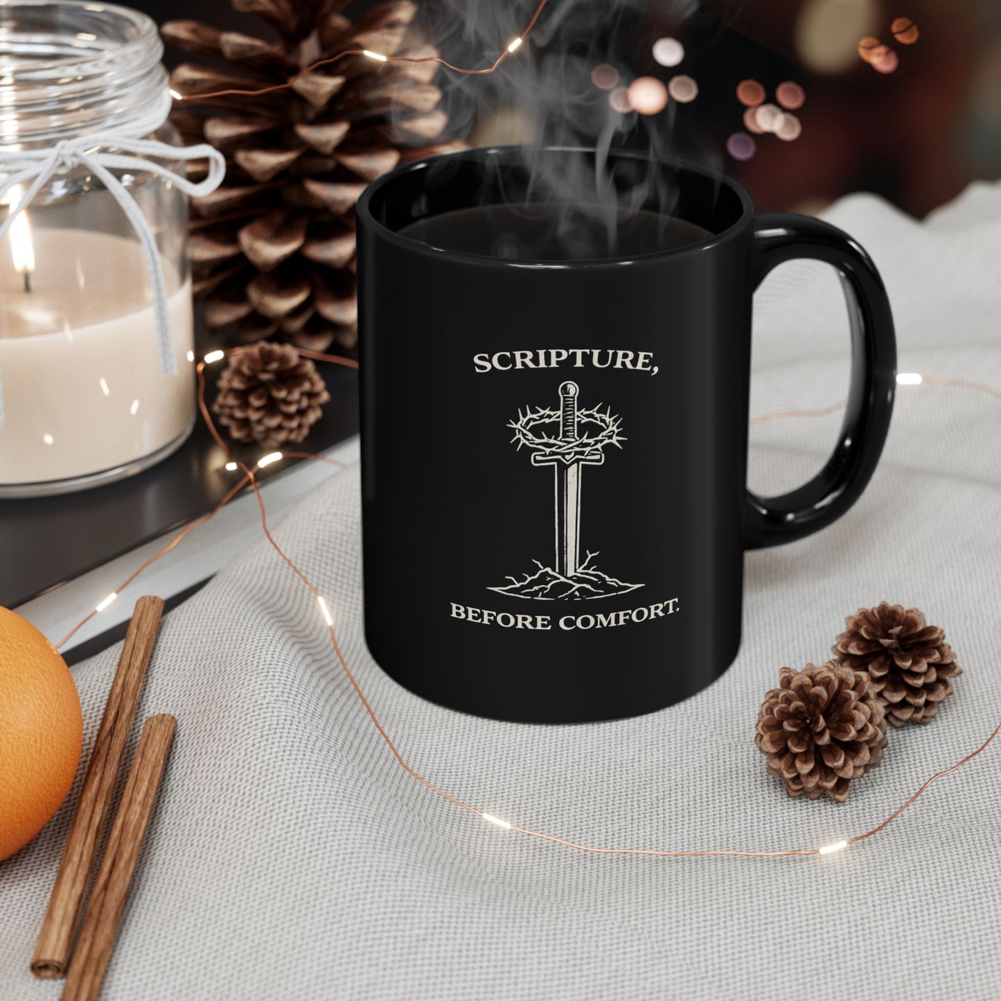 Scripture Before Comfort Black Mug — Christian Faith Cross Coffee Cup (11oz/15oz)