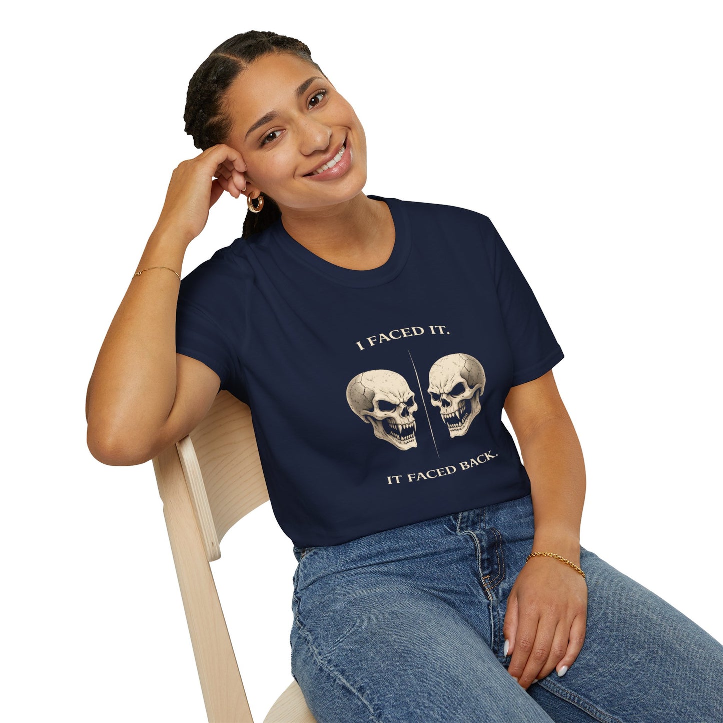 Skull Face-Off T-Shirt — "I Faced It; It Faced Back" Gothic Graphic Tee
