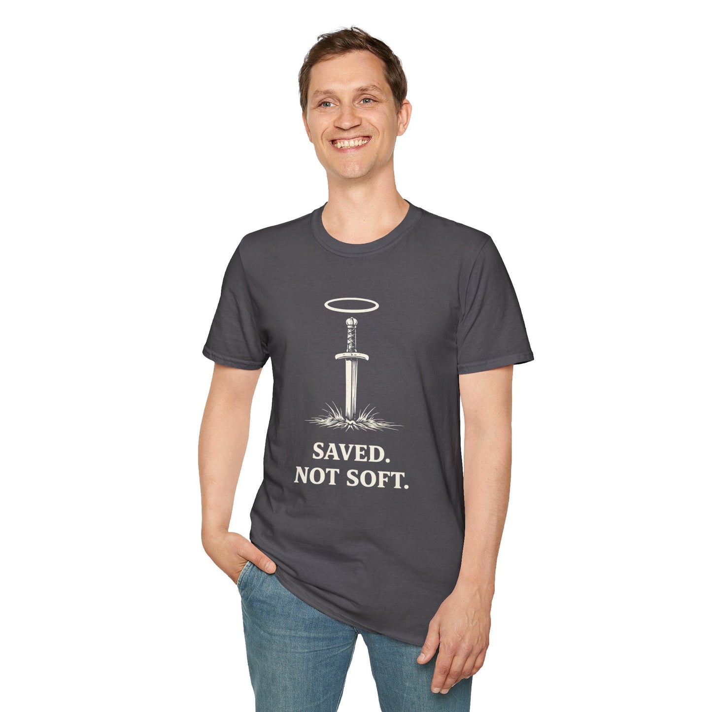 Saved Not Soft T-Shirt — Christian Sword & Halo Faith Tee