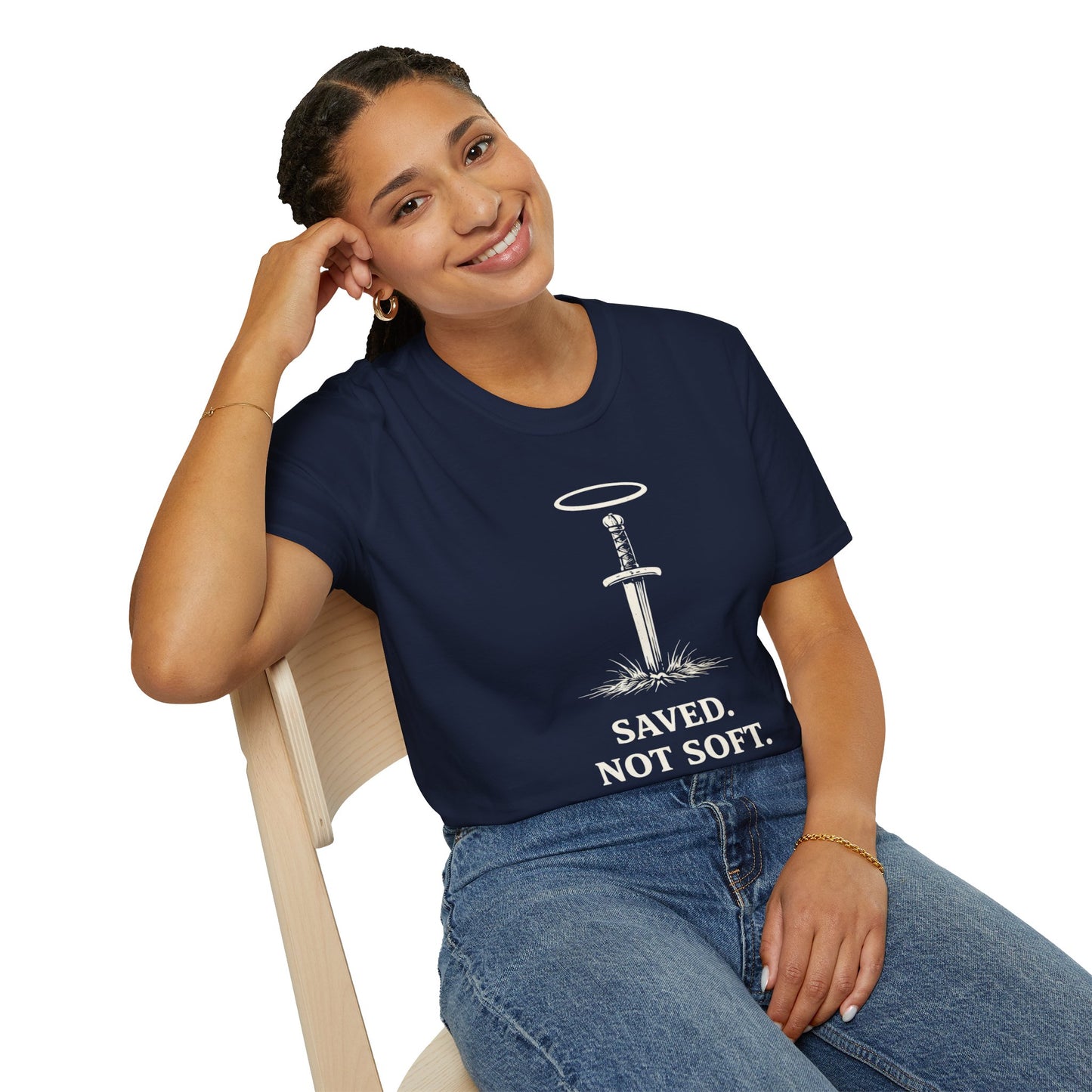 Saved Not Soft T-Shirt — Christian Sword & Halo Faith Tee
