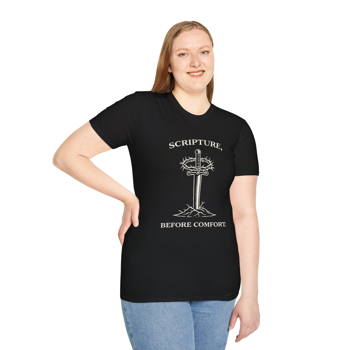 Scripture Before Comfort T-Shirt — Christian Faith Cross Tee