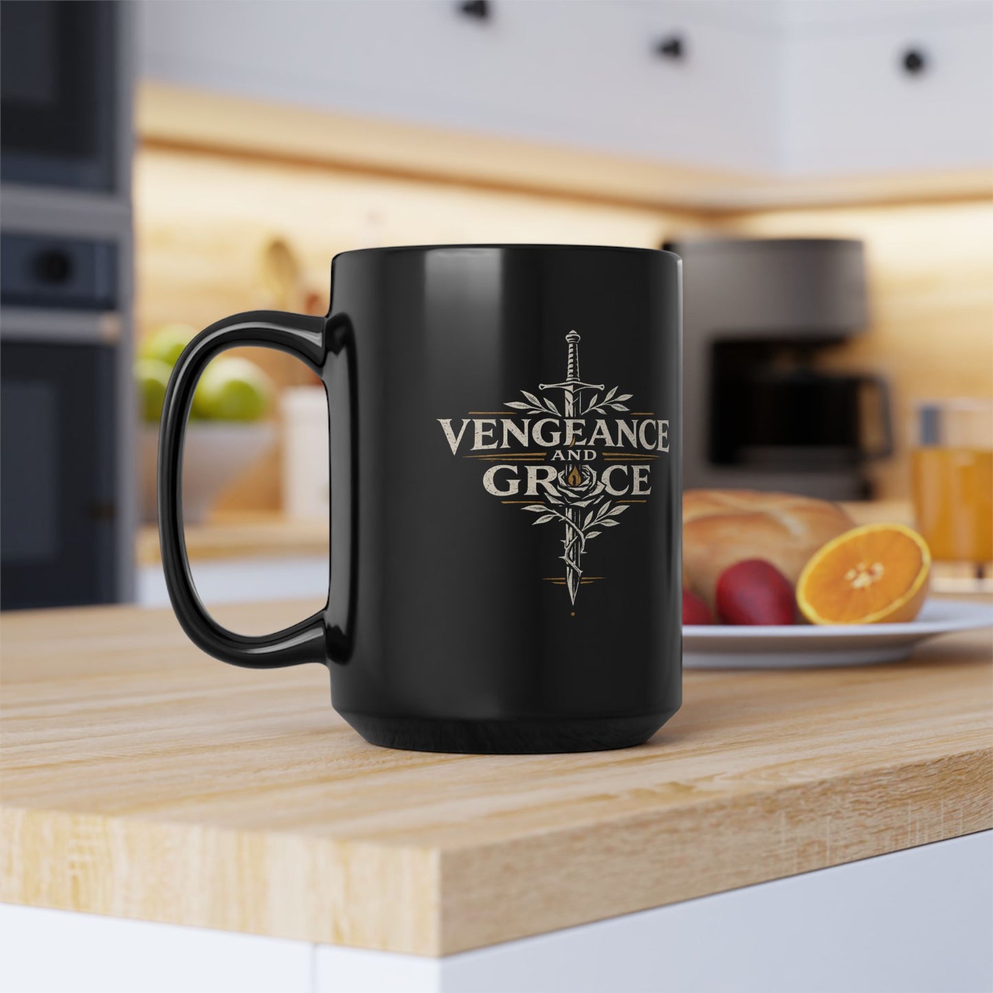Vengeance and Grace Sword Black Mug — Gothic Fantasy Coffee Cup (11oz/15oz)