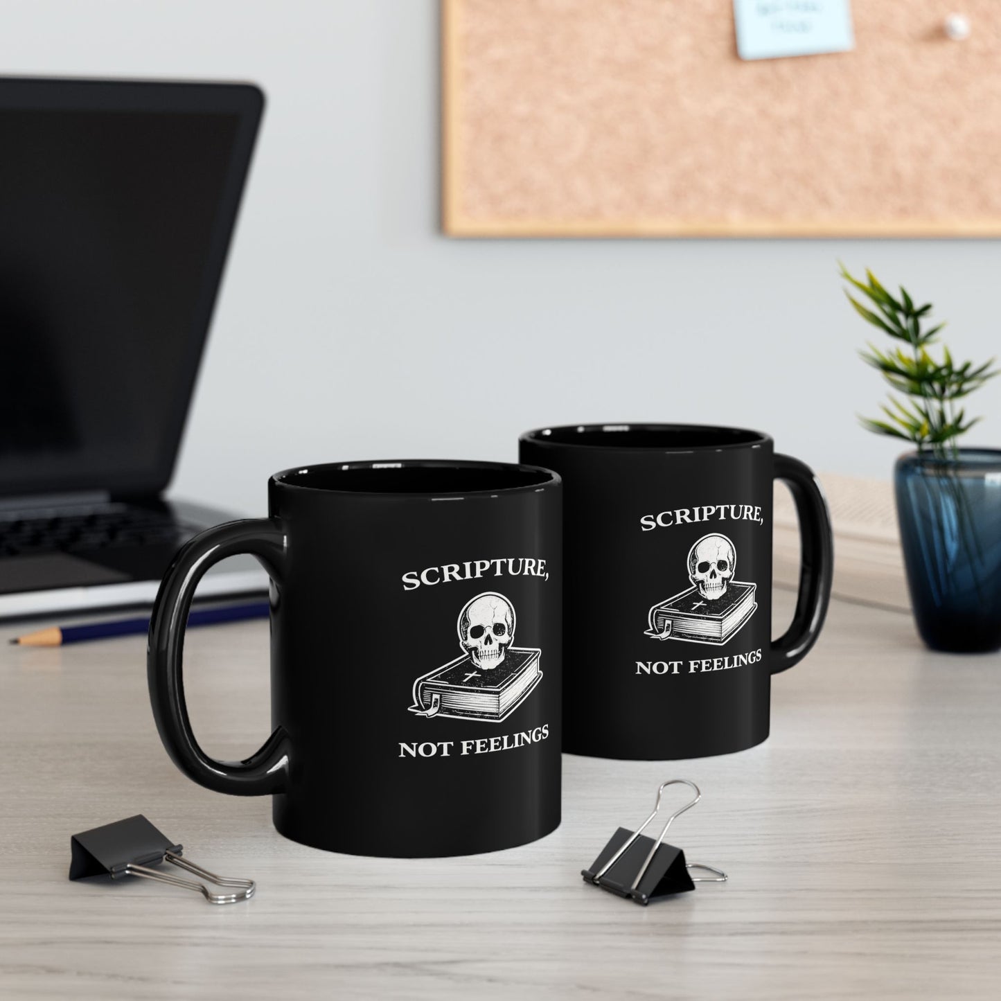 Scripture Not Feelings Black Mug — Christian Faith Skull Coffee Cup (11oz/15oz)