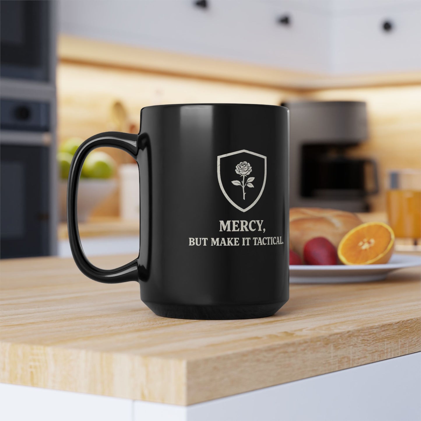 Mercy But Make It Tactical Mug — Black Coffee Cup with Rose Shield Graphic (11oz/15oz)