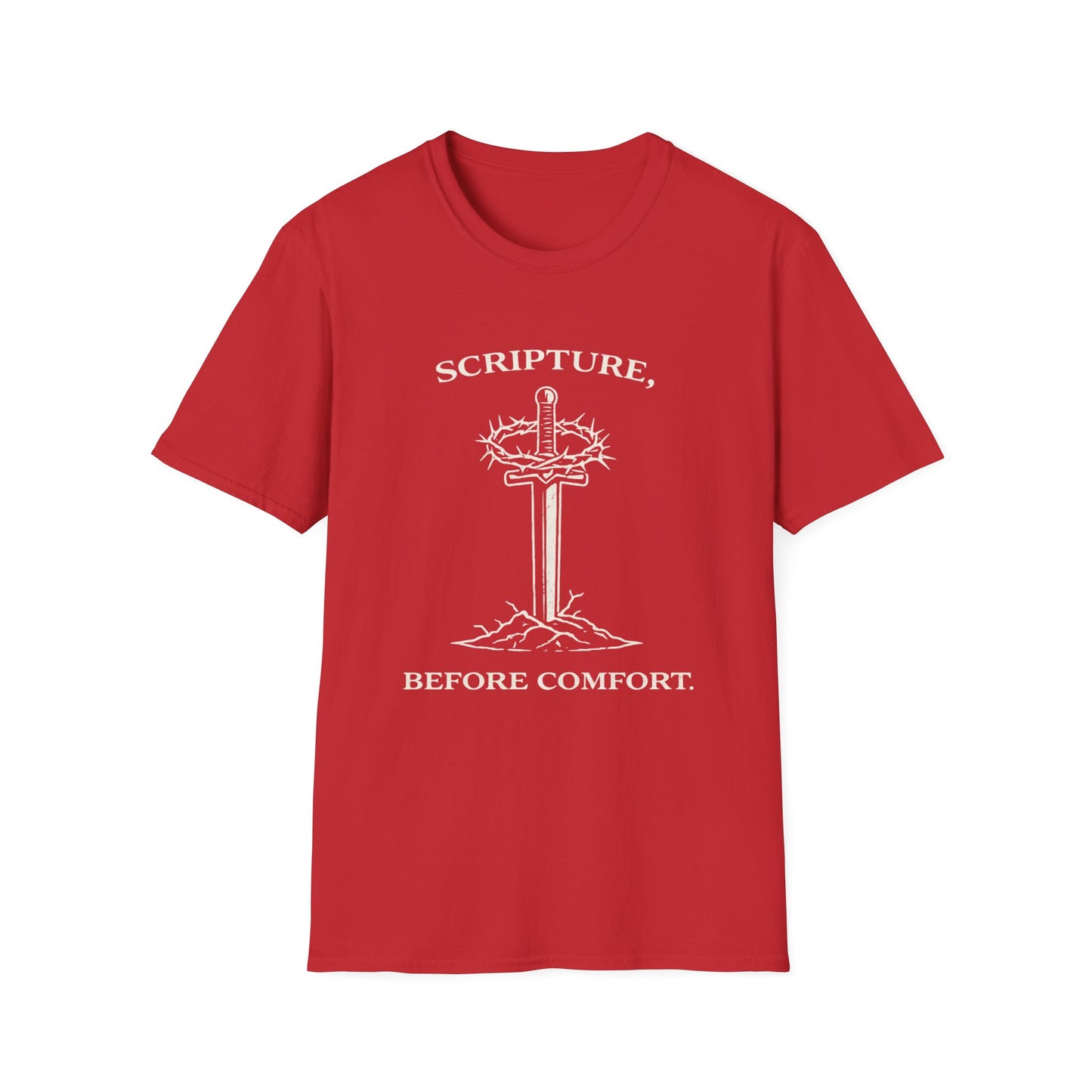 Scripture Before Comfort T-Shirt — Christian Faith Cross Tee