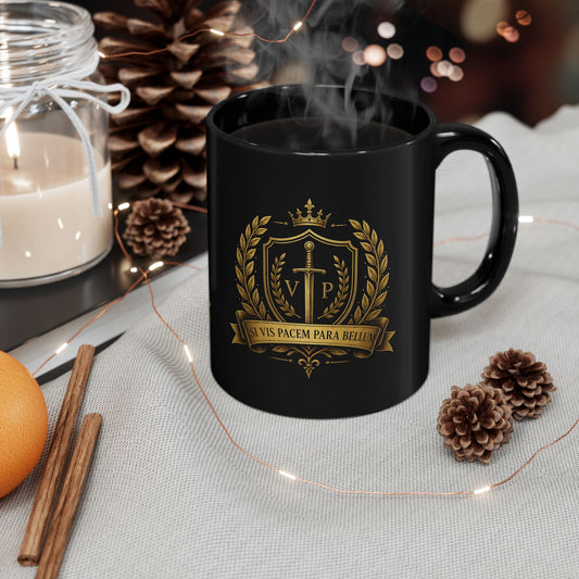Heraldic Sword & Laurel Coat of Arms Gold Crest Emblem Black Mug (11oz)