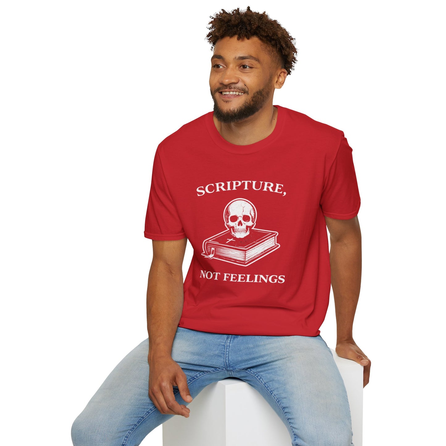 "Scripture, Not Feelings" Skull & Bible Graphic T-Shirt