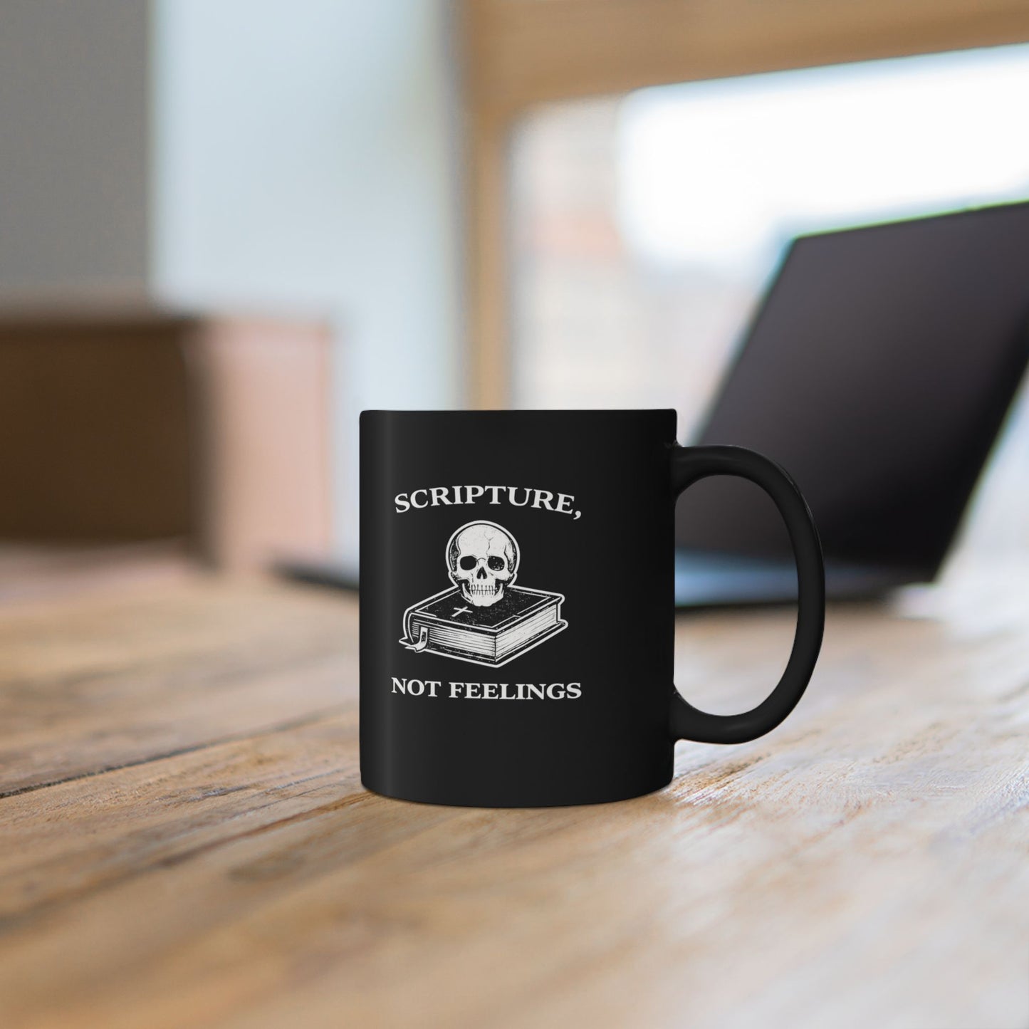 Scripture Not Feelings Black Mug — Christian Faith Skull Coffee Cup (11oz/15oz)