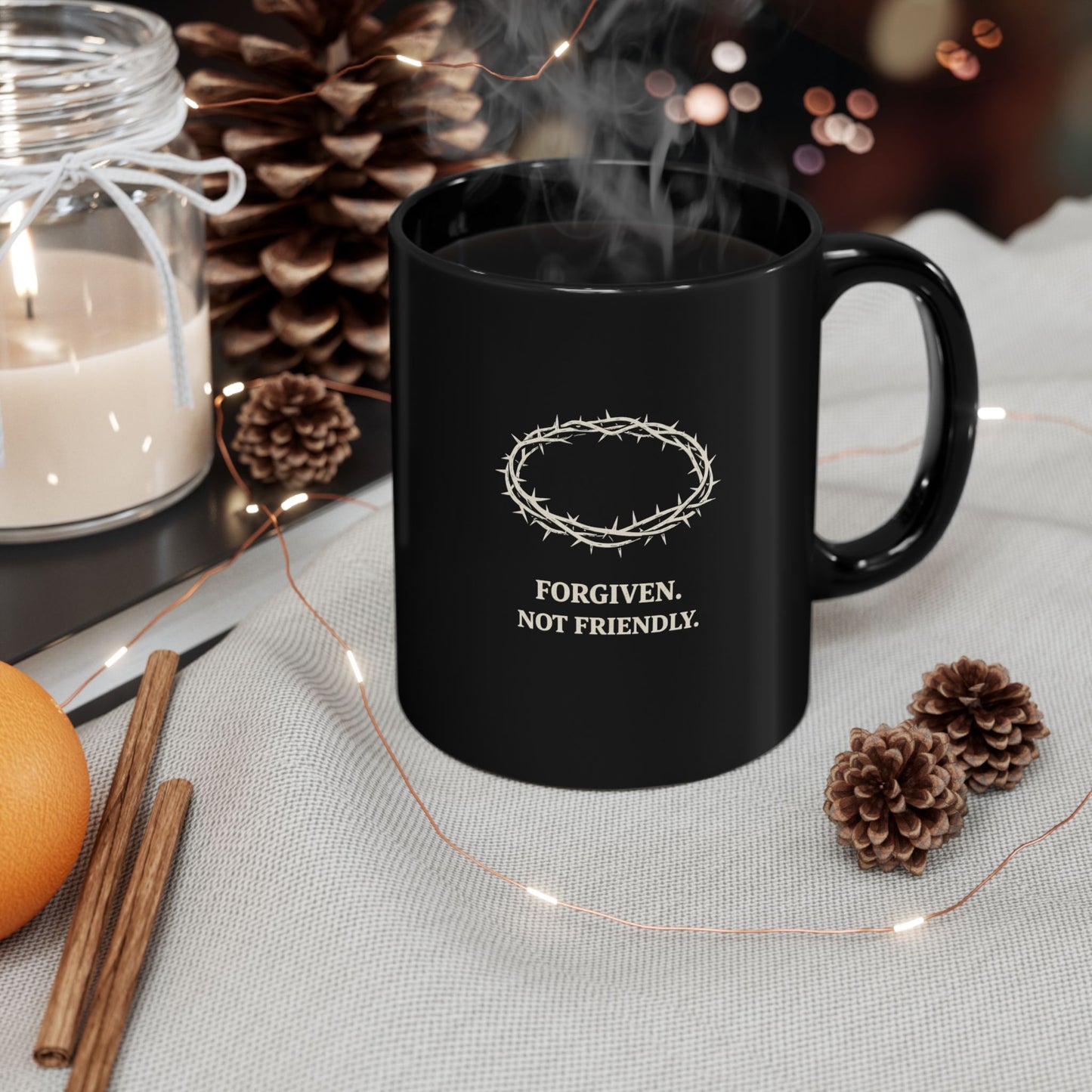 Forgiven Not Friendly Black Mug — Christian Coffee Cup with Crown of Thorns