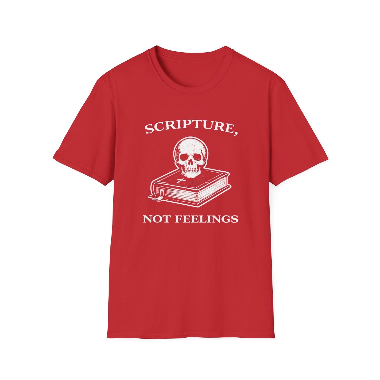 "Scripture, Not Feelings" Skull & Bible Graphic T-Shirt