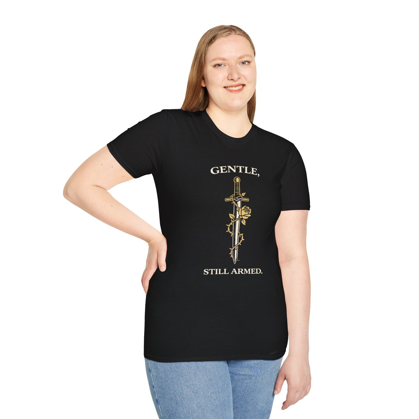 "Gentle, Still Armed" Sword & Rose Graphic Tee