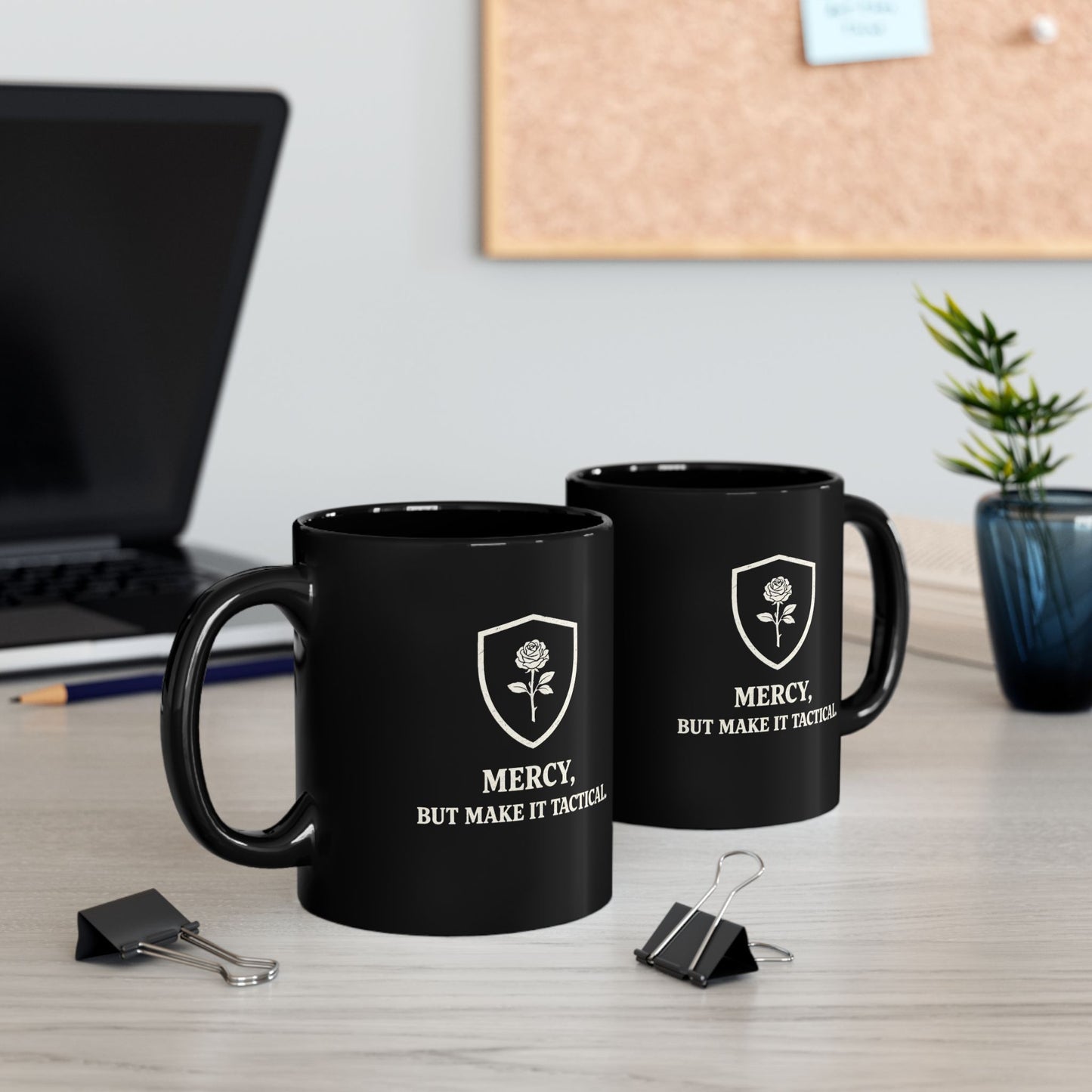 Mercy But Make It Tactical Mug — Black Coffee Cup with Rose Shield Graphic (11oz/15oz)
