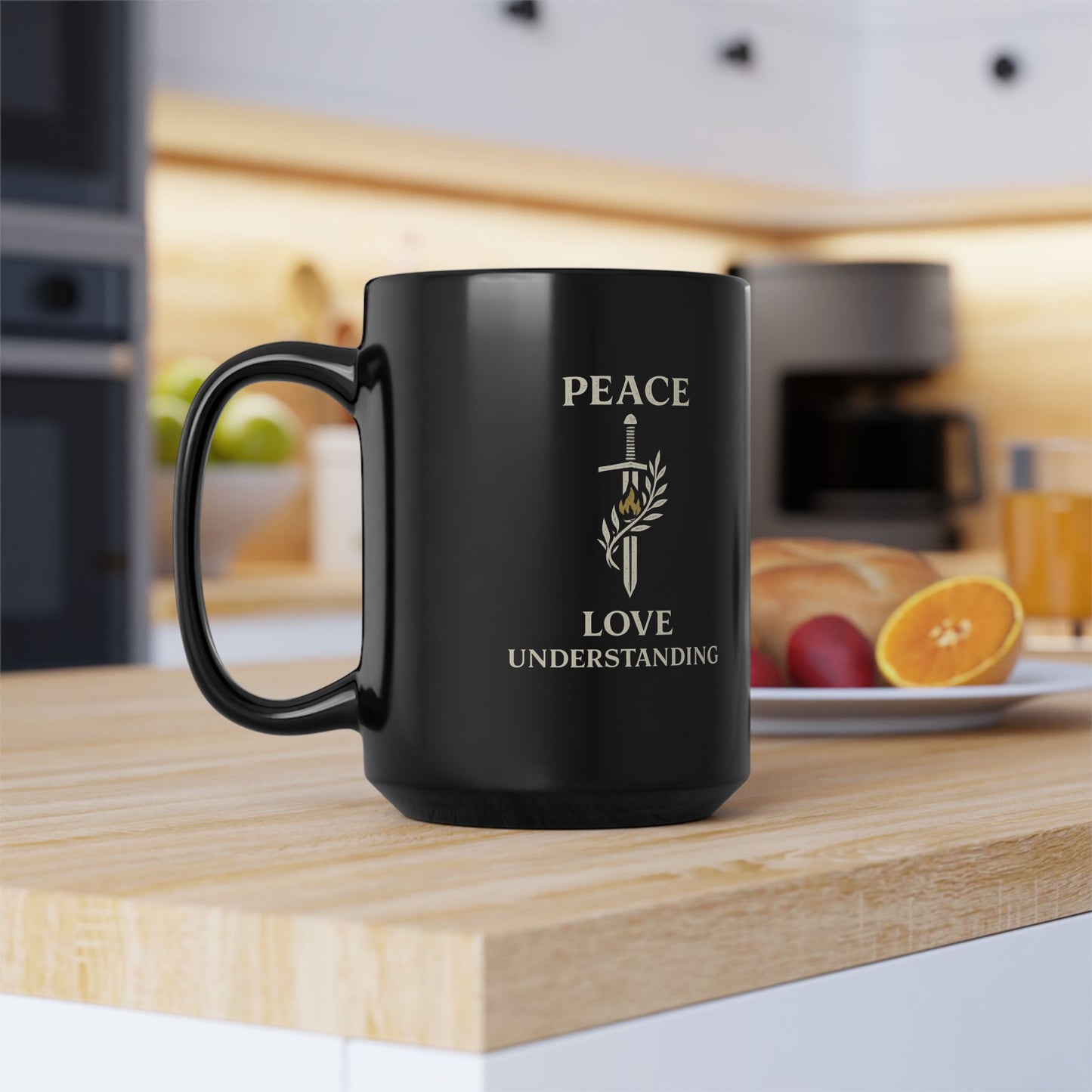 Peace Love Understanding Black Mug — Inspirational Sword & Olive Branch Coffee Cup (11oz/15oz)