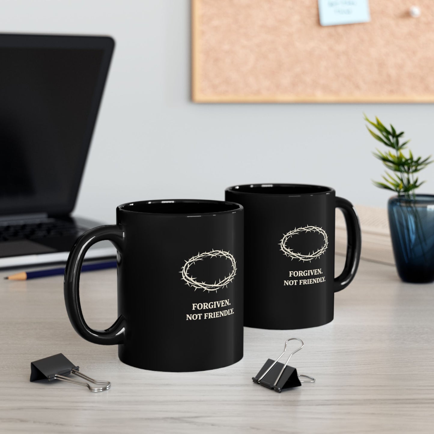 Forgiven Not Friendly Black Mug – Christian Coffee Cup with Crown of Thorns