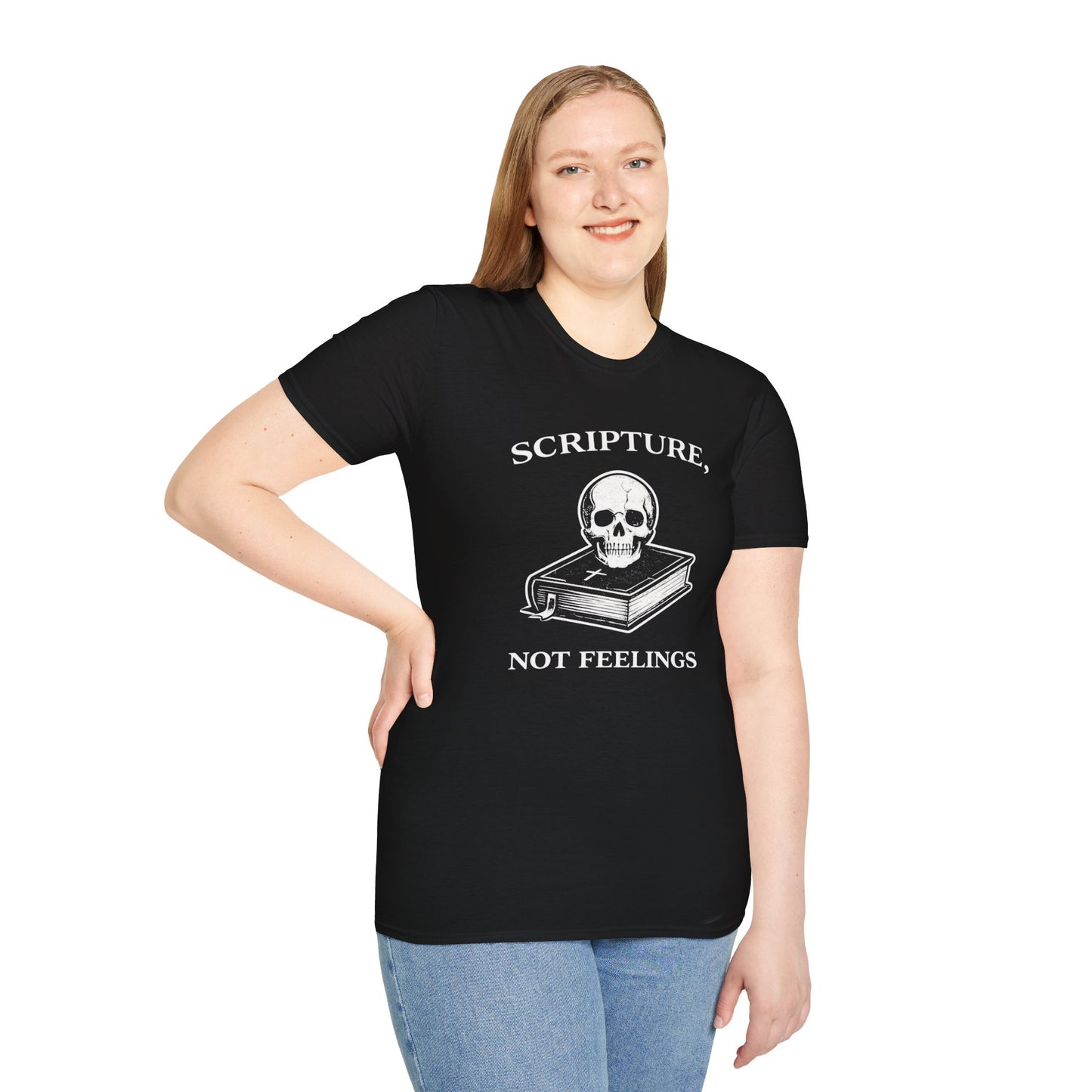 "Scripture, Not Feelings" Skull & Bible Graphic T-Shirt