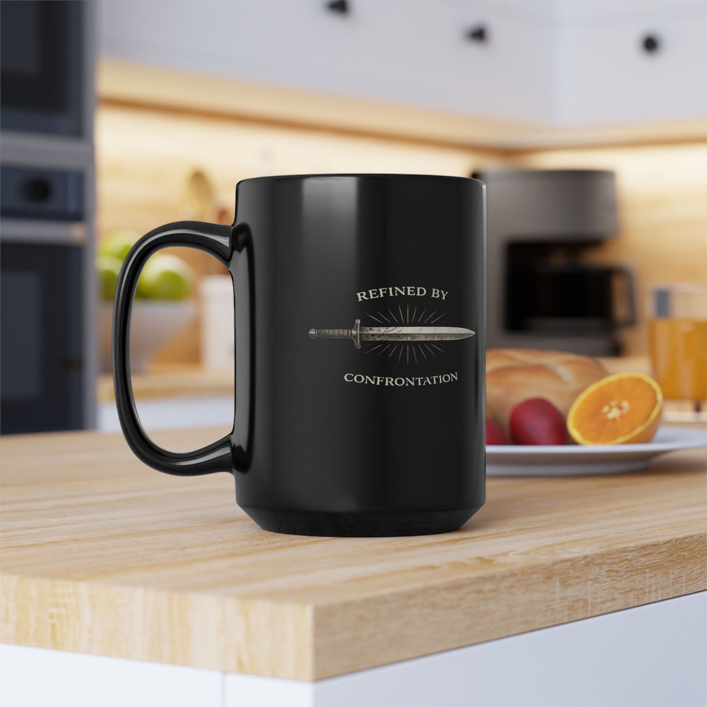 Refined by Confrontation Black Mug – Sword Graphic Coffee Cup (11oz/15oz)