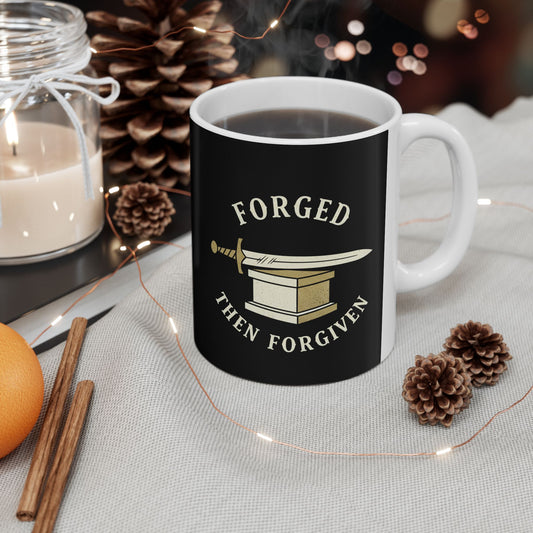 “Forged in Fire” Black Ceramic Mug — Sword & Anvil Coffee Cup (11oz/15oz)