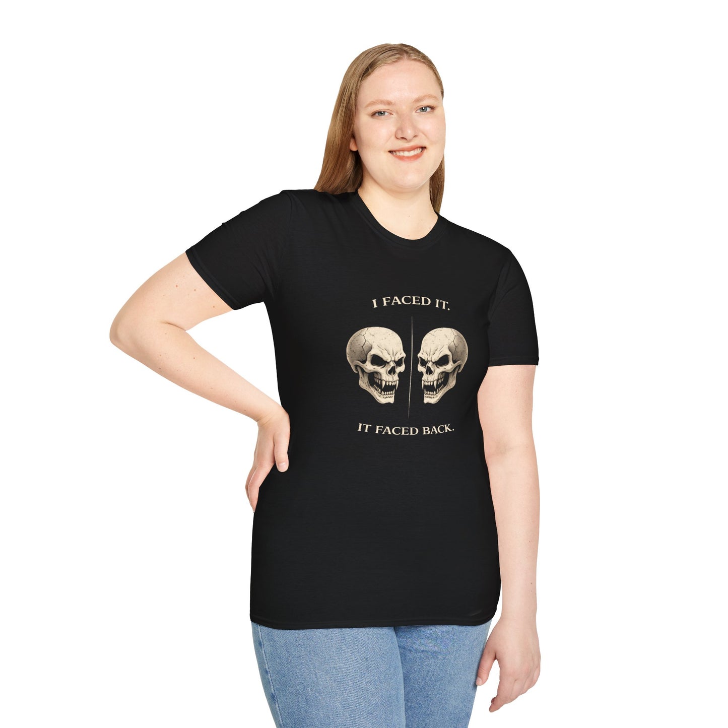 Skull Face-Off T-Shirt — "I Faced It; It Faced Back" Gothic Graphic Tee